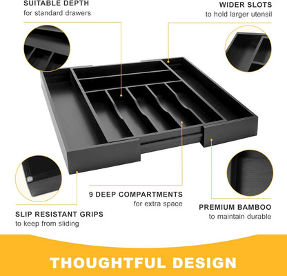 Expandable Bamboo Kitchen Drawer Organizer for Cutlery and Utensils, Adjustable Bamboo Wood Cutlery Tray in Drawer for Flatware and Silverware in Kitchen, (Natural)