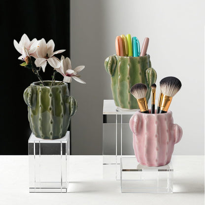 Ceramic Cactus Pen Holder, Cactus Decor Cute Pencil Holder, Makeup Brush Holder for Home, Office Desk Accessories(Dark Green)