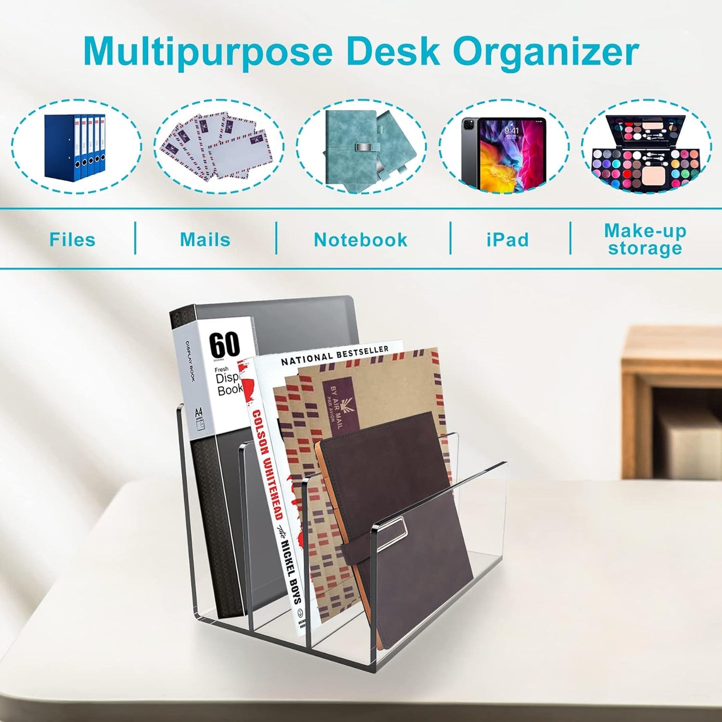 Boloyo Acrylic File Holder,1PC 2 Sections Clear File Organizer Mail Letter Sorter Desktop Folder Holder for Home Office School Envelope Bill Filling Paper Document