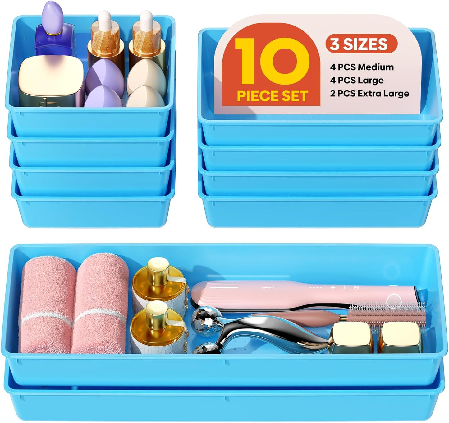 10 Pack Large Size Plastic Drawer Organizers Set, 3 Sizes Desk Drawer Organizer Trays, Storage Bins for Vanity, Makeup, Bathroom, Kitchen Utensils and Office (Black)