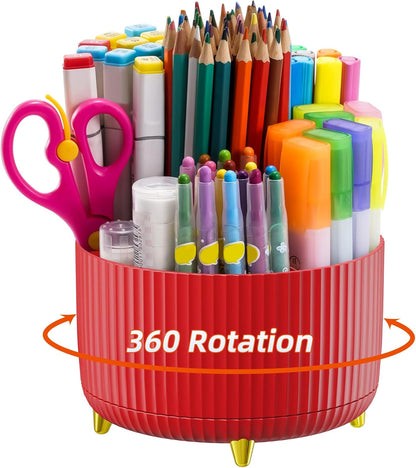 Marbrasse Desk Organizer, 360-Degree Rotating Pen Holder, Desk Organizers and Accessories with 5 Compartments Pencil Holder, Art Supply Storage Box Caddy for Office, Home（White）