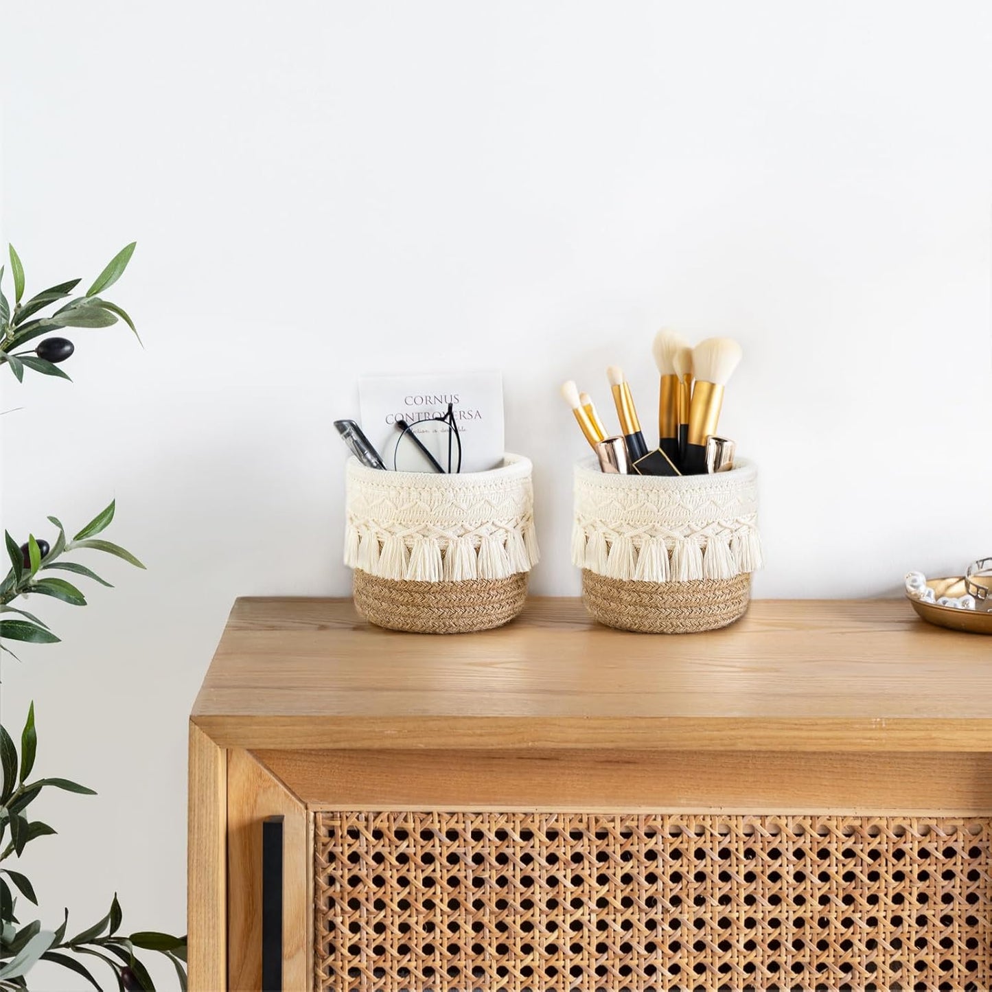 Mkono Macrame Makeup Brush Holder Organizer Comb Brushes Mini Storage Basket Set of 2 Boho Decor Baskets for Pen Pencil Box Container ,Ivory