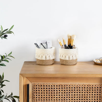 Mkono Macrame Makeup Brush Holder Organizer Comb Brushes Mini Storage Basket Set of 2 Boho Decor Baskets for Pen Pencil Box Container ,Ivory