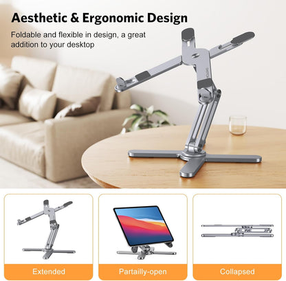 OMOTON LA10 360° Rotating Laptop Stand Riser for Desk, Ergonomic Foldable Computer Stand Adjustable Height Angles for Collaborative Work, Easy Storage Fit Macbooks,All Laptops up to 16 inches, Silver