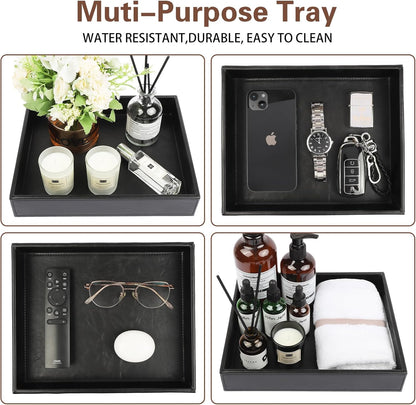 Leather Valet Organizer for Men – Black Catchall for Wallet, Keys, EDC, Jewelry, and Perfume – Nightstand, Dresser, and Bathroom Vanity Storage