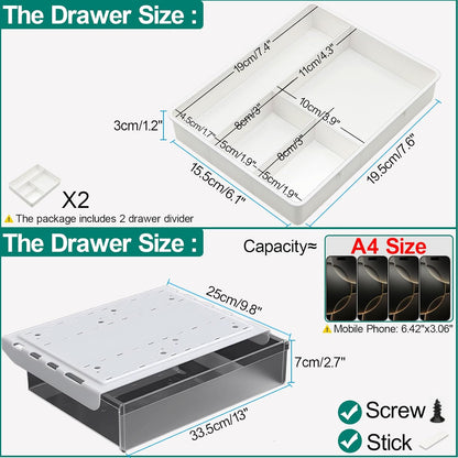 SVNNELP Under Desk Table Drawer Storage Organizer, Slide Out Drawer with 4 Compartments Divider,Pencil Storage Self-Adhesive Tray Under Table (M/Clear Black+White)