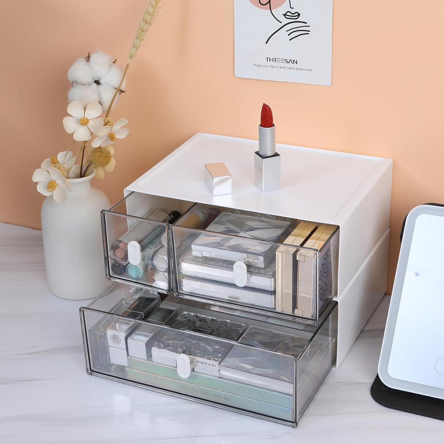 Desktop Storage Drawers, Plastic Desk Organizer with 3 Drawers, Modular Stackable Toolbox Units for Office Stationary, Makeup Container, Bathroom Countertop (1 Tall Layer, Cream & Clear)