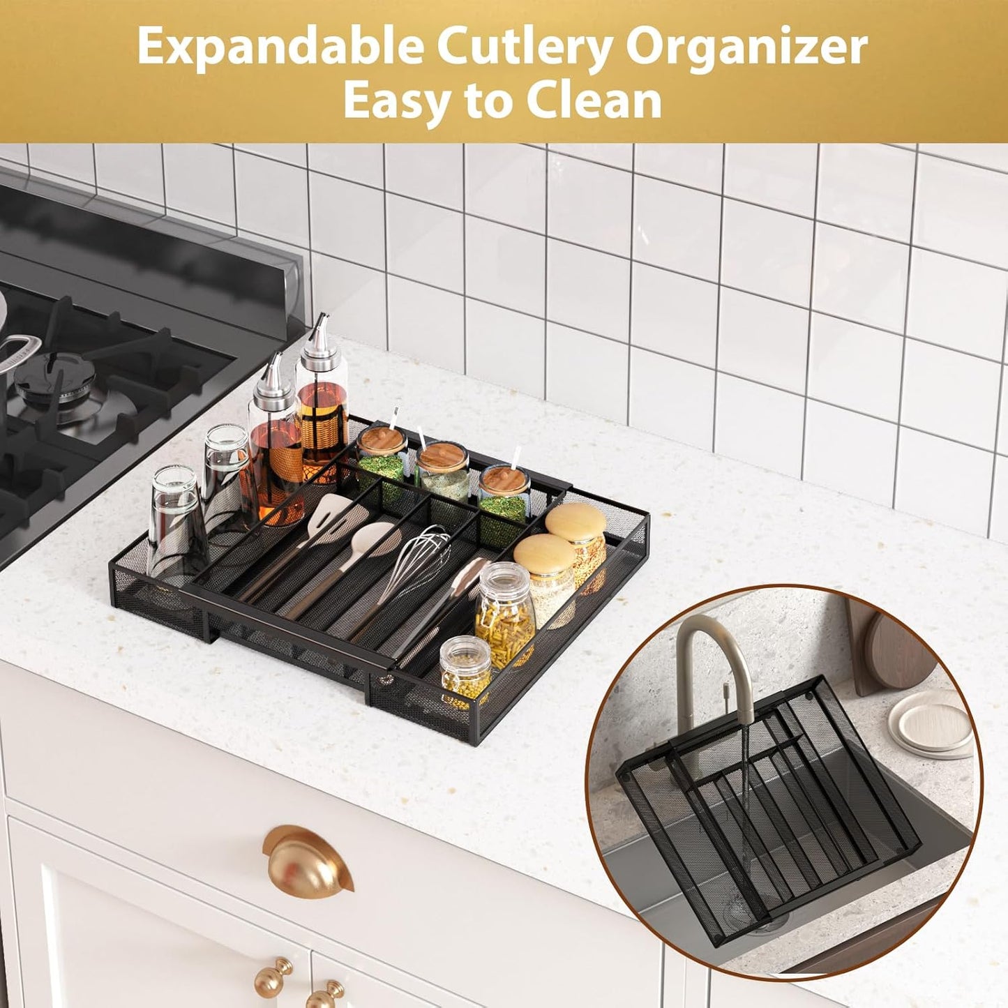 Sedegn Silverware Organizer Metal Mesh, Small Drawer Organizer, Utensil Cutlery Tray for kitchen drawers, Flatware Organizer with 5 Compartment, Black(9.3"*12.6")