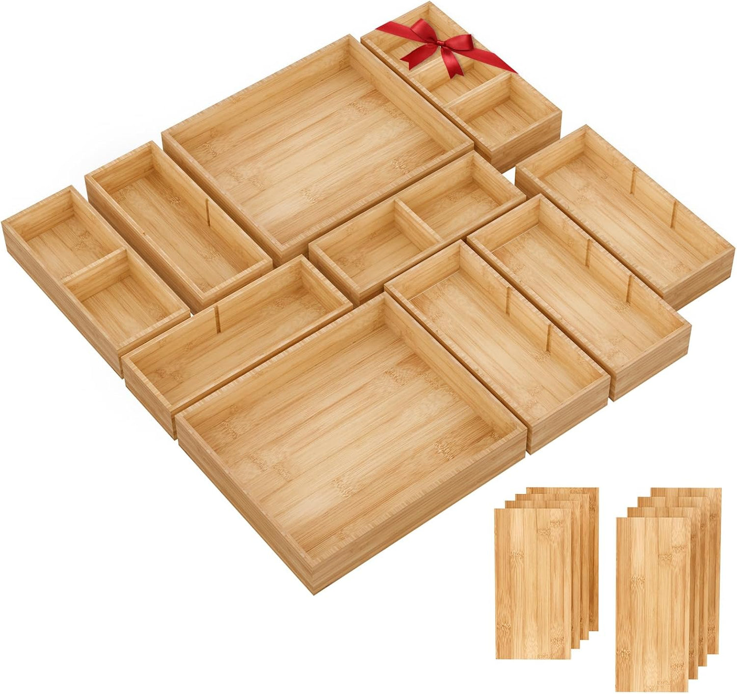 SpaceWhisper Bamboo Drawer Organizer, 5-Piece Drawer Divider with Removable Dividers for Organization and Storage, Multi-Use Stackable Storage Box & Utensil Holder for Kitchen, Office, Makeup & More
