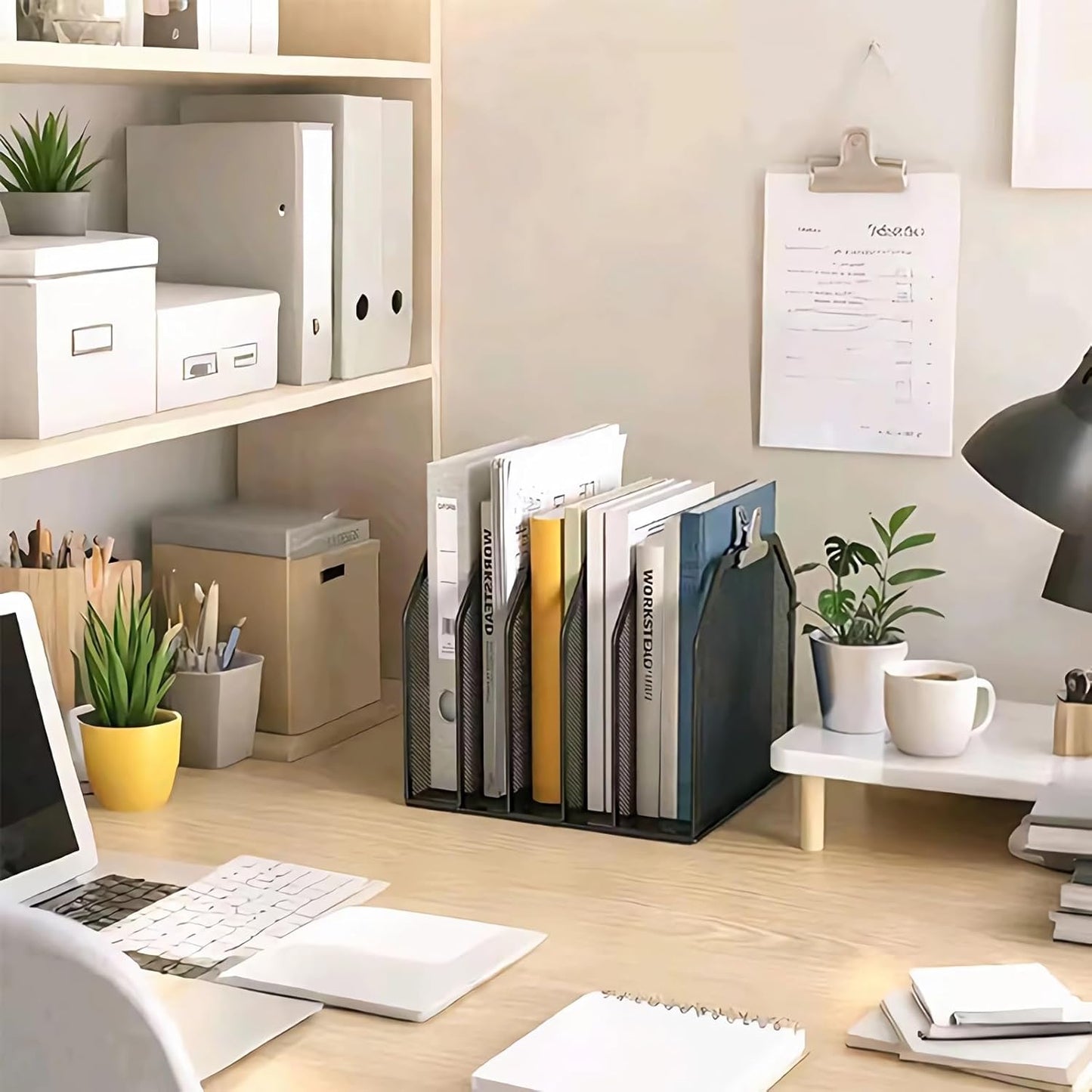 5 Vertical Desk Mail Organizer, Metal Mesh Desktop File Organizer with 5 Vertical Slot - Black, Letter Organizer Rack for Letters, Postcards, Stationery