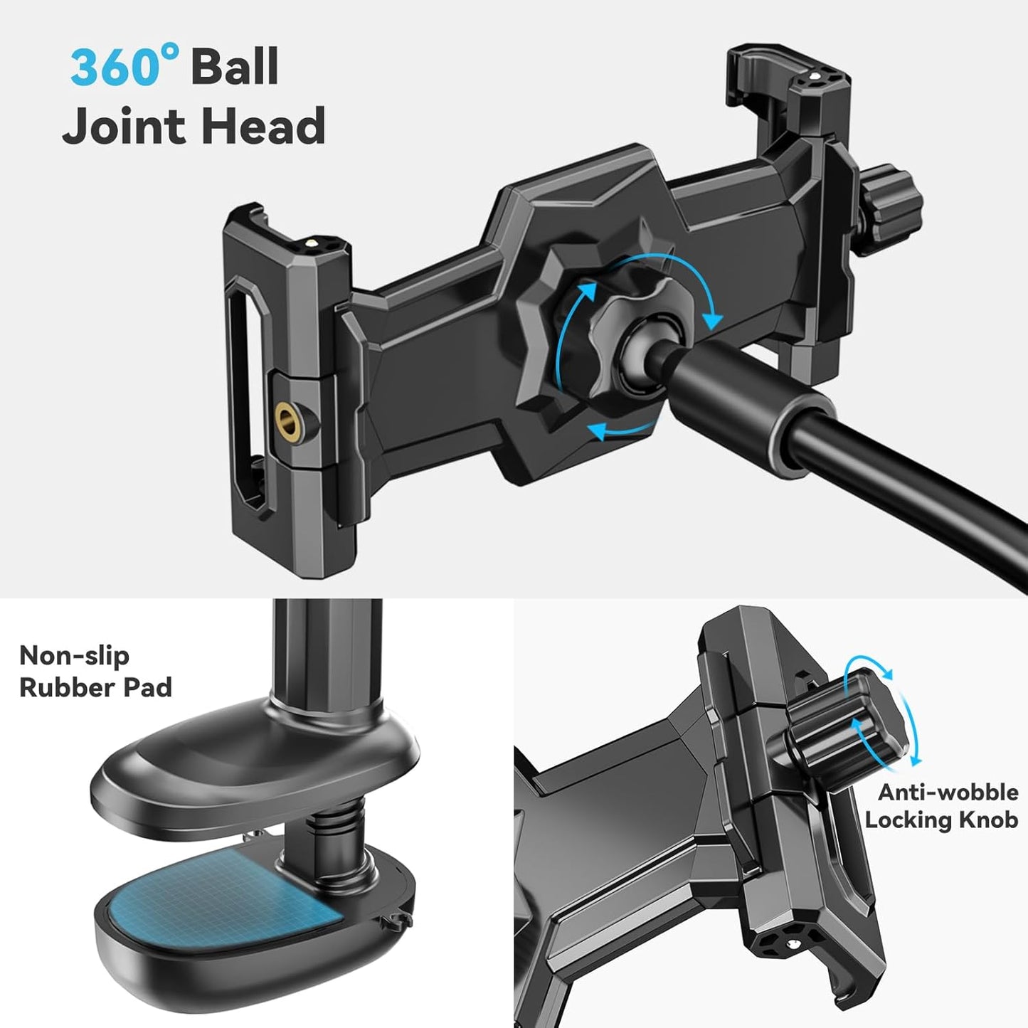 KDD Gooseneck Tablet Stand, 360° Adjustable Phone & iPad Holder for Bed and Desk, Flexible Arm Mount Clip for Video Recording, Bedside & Headboard Clamp for iPad Pro 12.9, Mini, Kindle