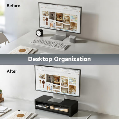 Wooden Monitor Stand Riser, 2-Tier Desk Shelf with Storage Organizer, Ergonomic Computer Stand, Storage Organizer for Laptop, Computer, Black, 15.7 Inch