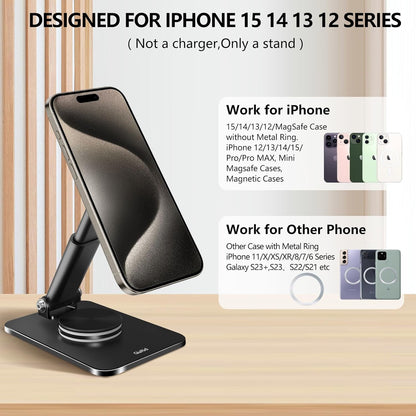 Magnetic Phone Stand Compatible with MagSafe for iphone16, Phone Stand for Desk with 360°Rotation Base, Adjustable Height to 6.1 inch, Compatible for MagSafe Case and iPhone 16/15/14/13/12