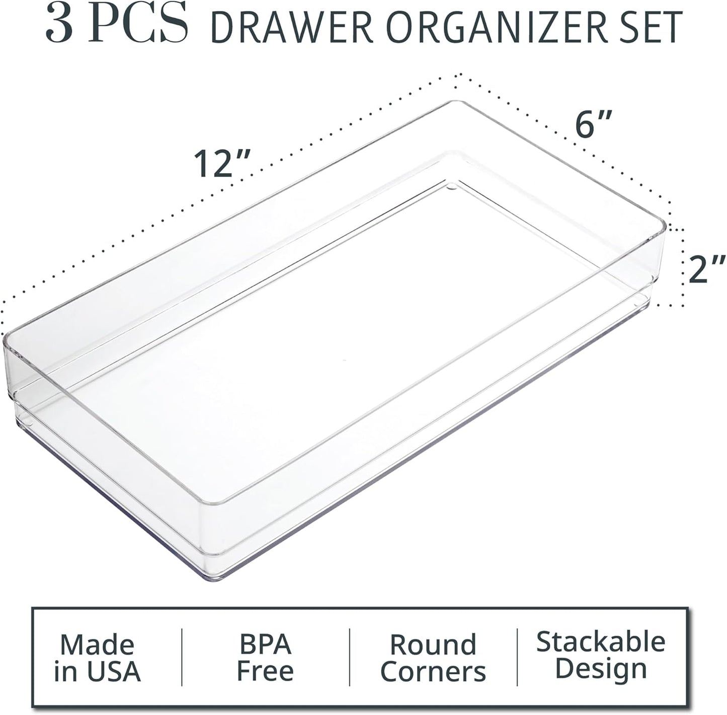 STORi SimpleSort 3-Piece Stackable Clear Drawer Organizer Set | 9" x 6" x 2" Rectangle Trays | Wide Makeup Vanity Storage Bins and Office Desk Drawer Dividers | Made in USA