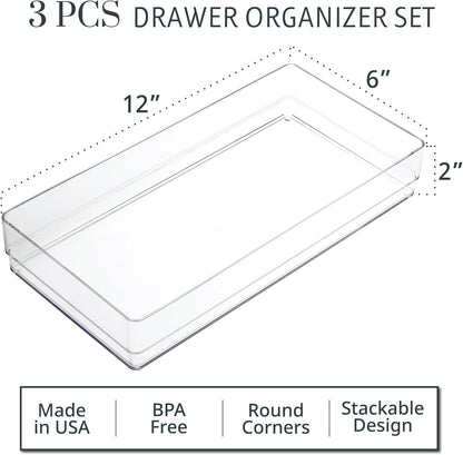 STORi SimpleSort 3-Piece Stackable Clear Drawer Organizer Set | 9" x 6" x 2" Rectangle Trays | Wide Makeup Vanity Storage Bins and Office Desk Drawer Dividers | Made in USA