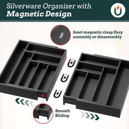 Silverware Organizer Large, Magnetic Connected Expandable 13 Slots Silverware Drawer Organizer From 21 to 37.4 Inches, Adjustable Flatware and Cutlery Holder, Bamboo Utensil Tray for Kitchen Natural