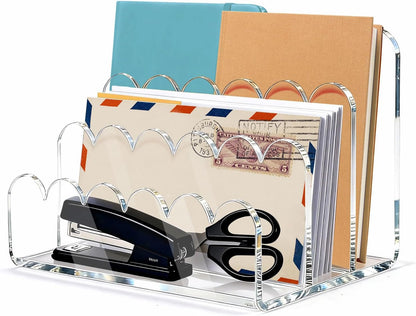 Acrylic Scalloped Mail Organizer, 3 Compartments Desktop Letter Holder, Vertical File Sorter, Desk Organizer for Letters, Envelopes, Bills and Stationery