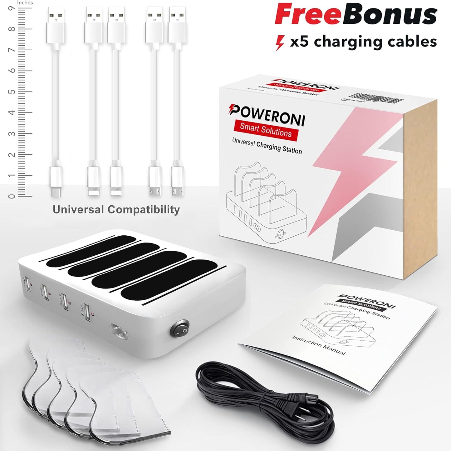 USB Charging Station - 6 Port Universal Charging Station for Multiple Devices - Multi Device Charger Dock - Compatible with Apple, iPad, iPhone, Android Cell Phones, and Tablets - Black