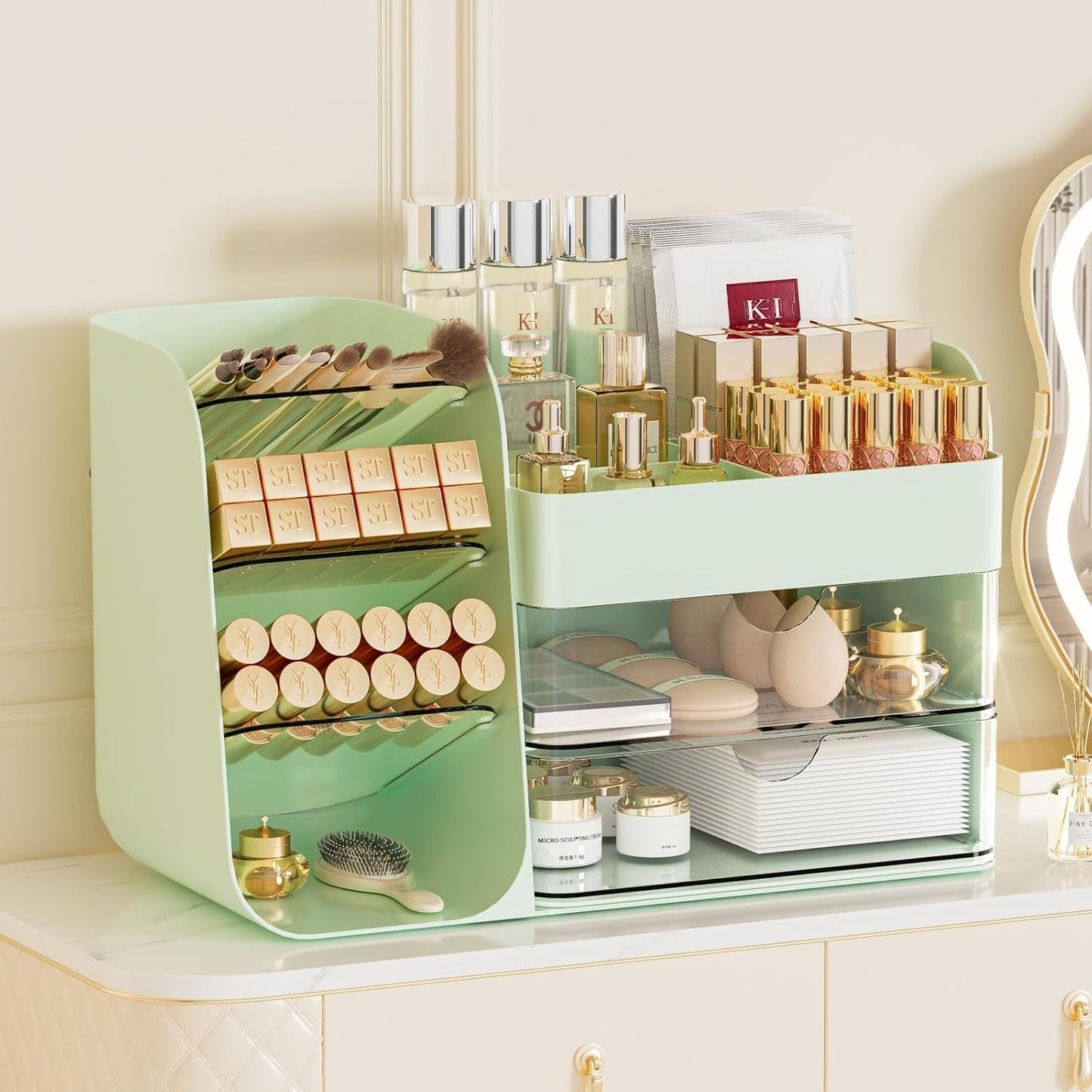 Booklov Makeup Organizer for Vanity, Countertop Cosmetic Display Case with Clear Acrylic Drawers, Bathroom Counter Beauty Caddy, Cute Table Storage Holder for Skincare, Brush Lipsticks, Crystal White