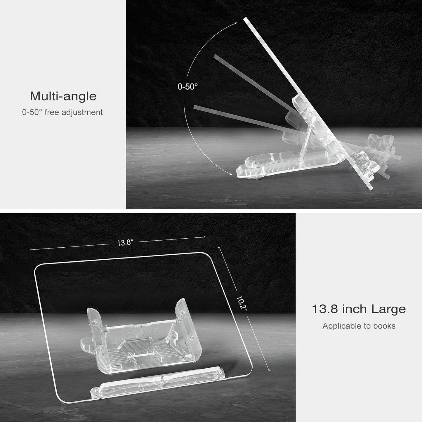 Acrylic Book Stand for Reading, Portable Book Holder for Desk, Angle Adjustable Textbook Stand for Document Recipe, Cookbook, Music Book