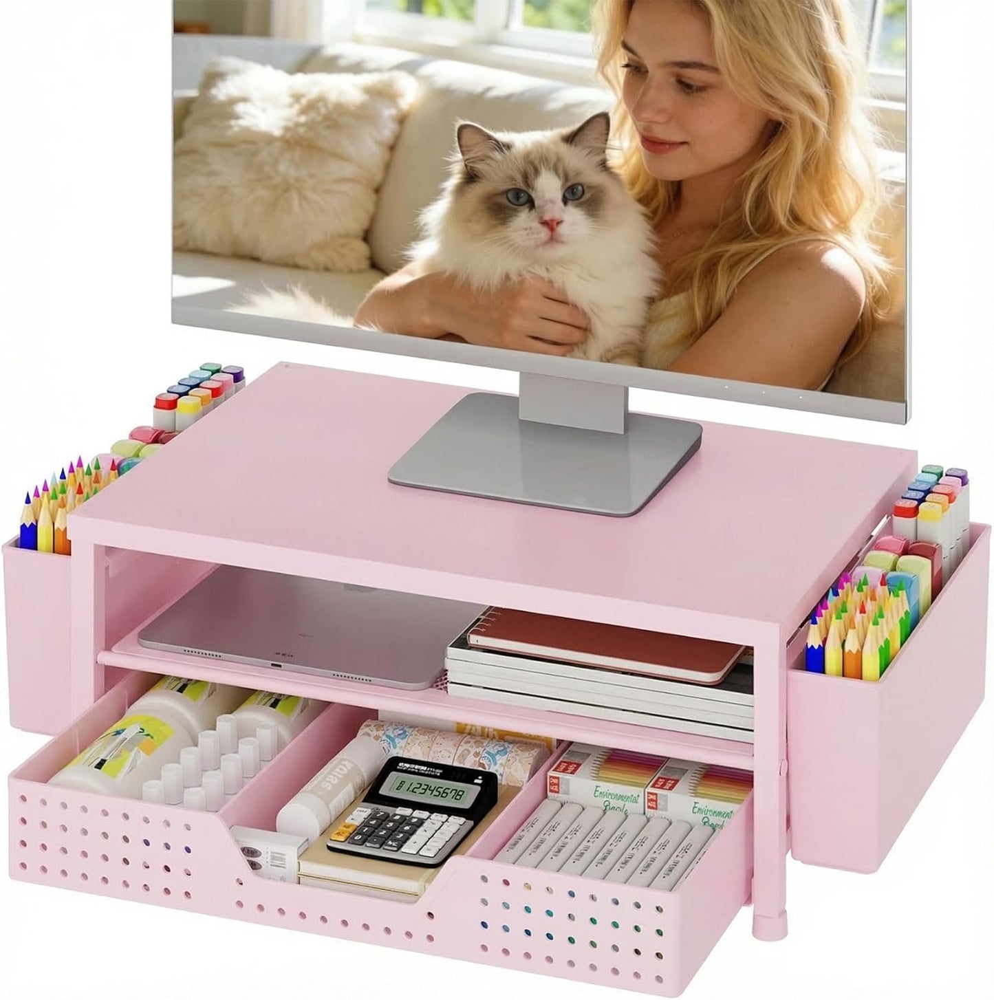 OPNICE Desk Organizers and Accessories, Computer Monitor Stand Riser with Drawer and 2 Pen Holders, Printer & Laptop Stand, Office Desk Accessories & Workspace Organizers for Home Office Supplies, Black