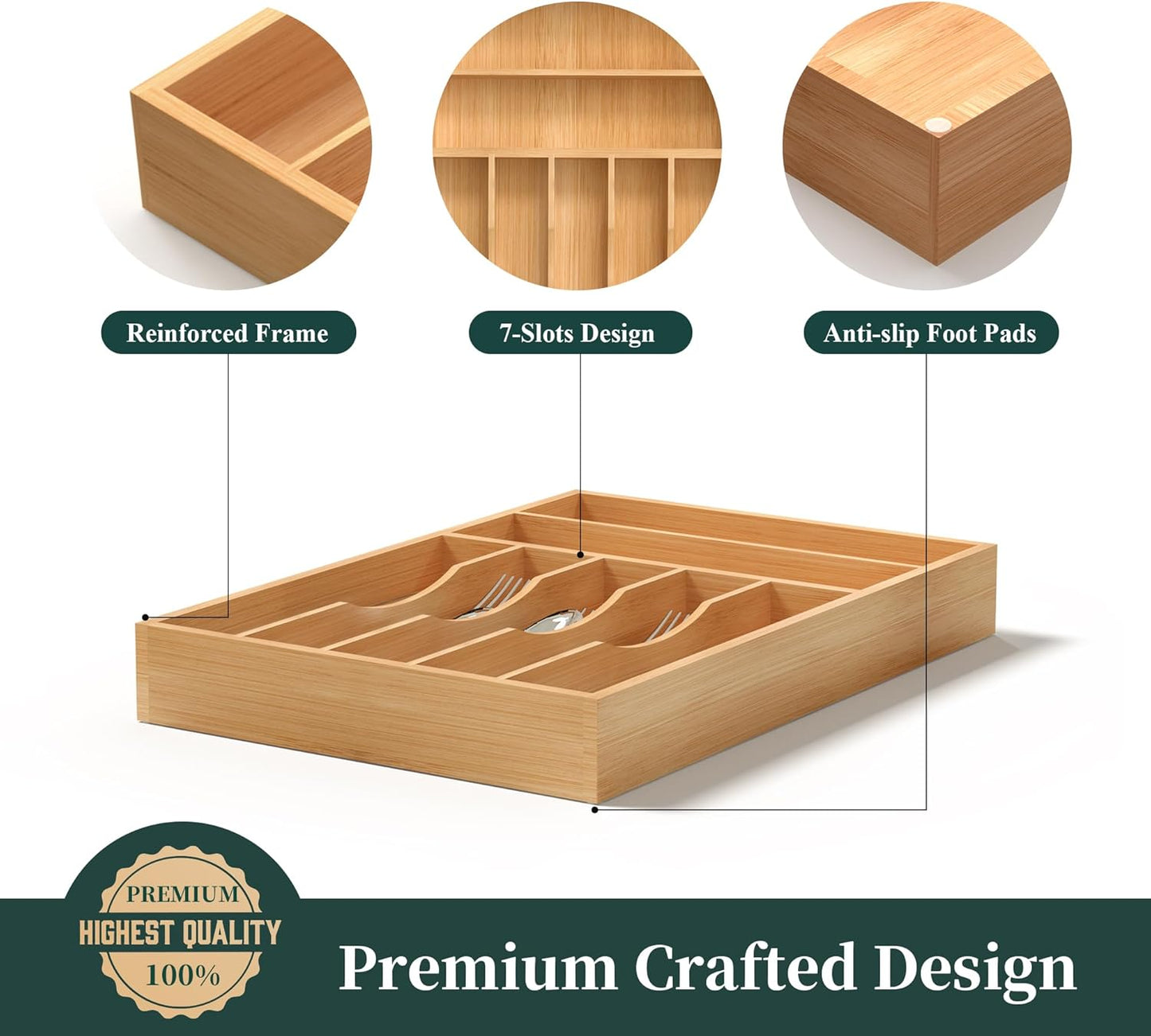 Small Silverware Organizer, Bamboo Kitchen Drawer Organizer, Utensil Holder, Cutlery Tray & Spoon Flatware Storage with Grooved Drawer Dividers (6.7''W x 12''D)