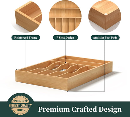 Small Silverware Organizer, Bamboo Kitchen Drawer Organizer, Utensil Holder, Cutlery Tray & Spoon Flatware Storage with Grooved Drawer Dividers (6.7''W x 12''D)