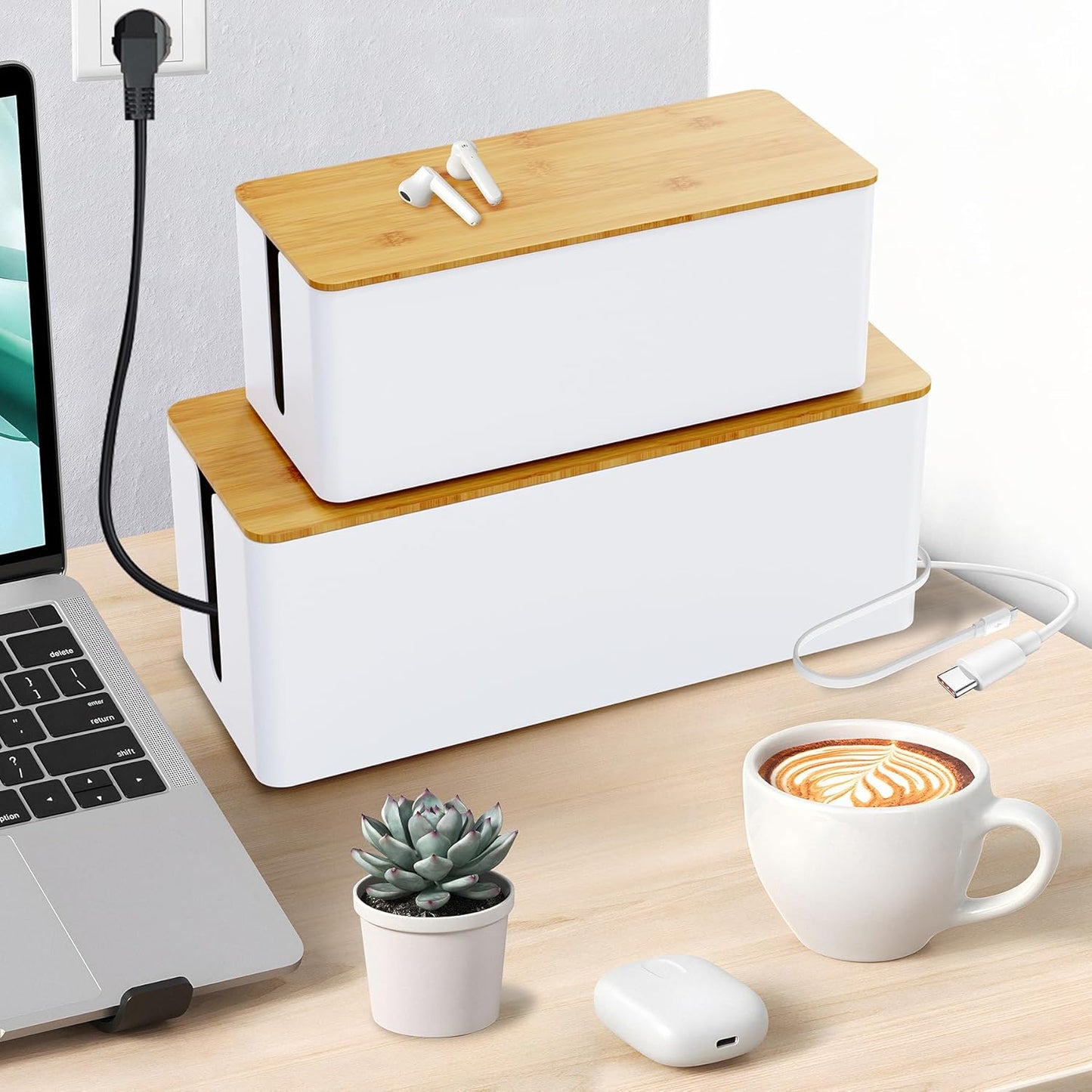 Cable Management Box,Wooden Style Large Cable Organizer Box for Office and Home,Cable Organizer Box with Proof Lock for Baby-Pets,Wood Lid（White,1 Pack