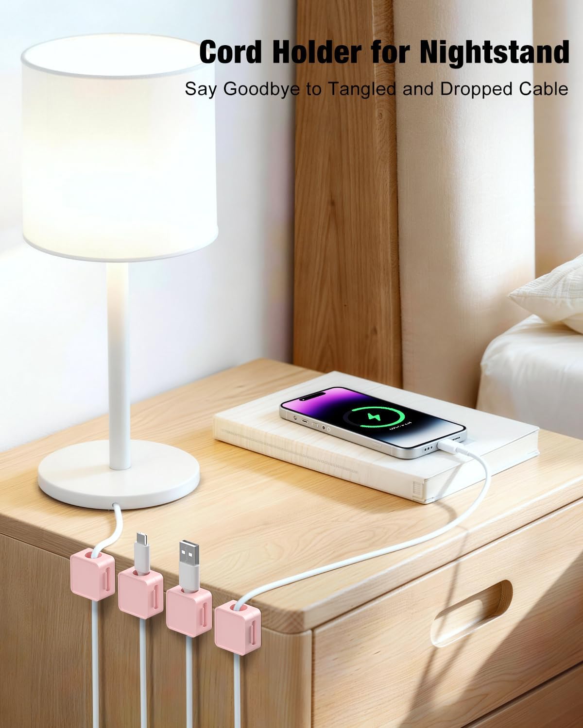 6 Pack Cord Holder, Strong Adhesive Desk Cord Organizer Magnetic Easy Open, Wire Holder Organizer Neatly for Home, Office, Car, Desk, Nightstand, Pink