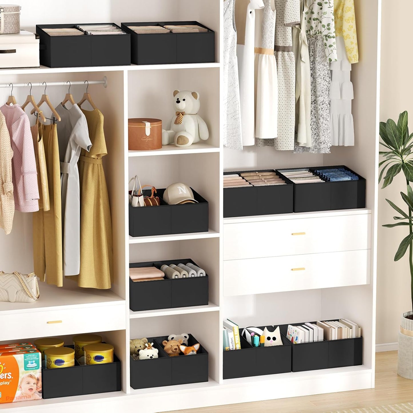 DIMJ Closet Storage Bins, 6 Pack Storage Baskets for Shelves, Foldable Closet Organizer with Handle, Linen Closet Organizers and Storage for Clothes, Toys, Towel, Books (Black)
