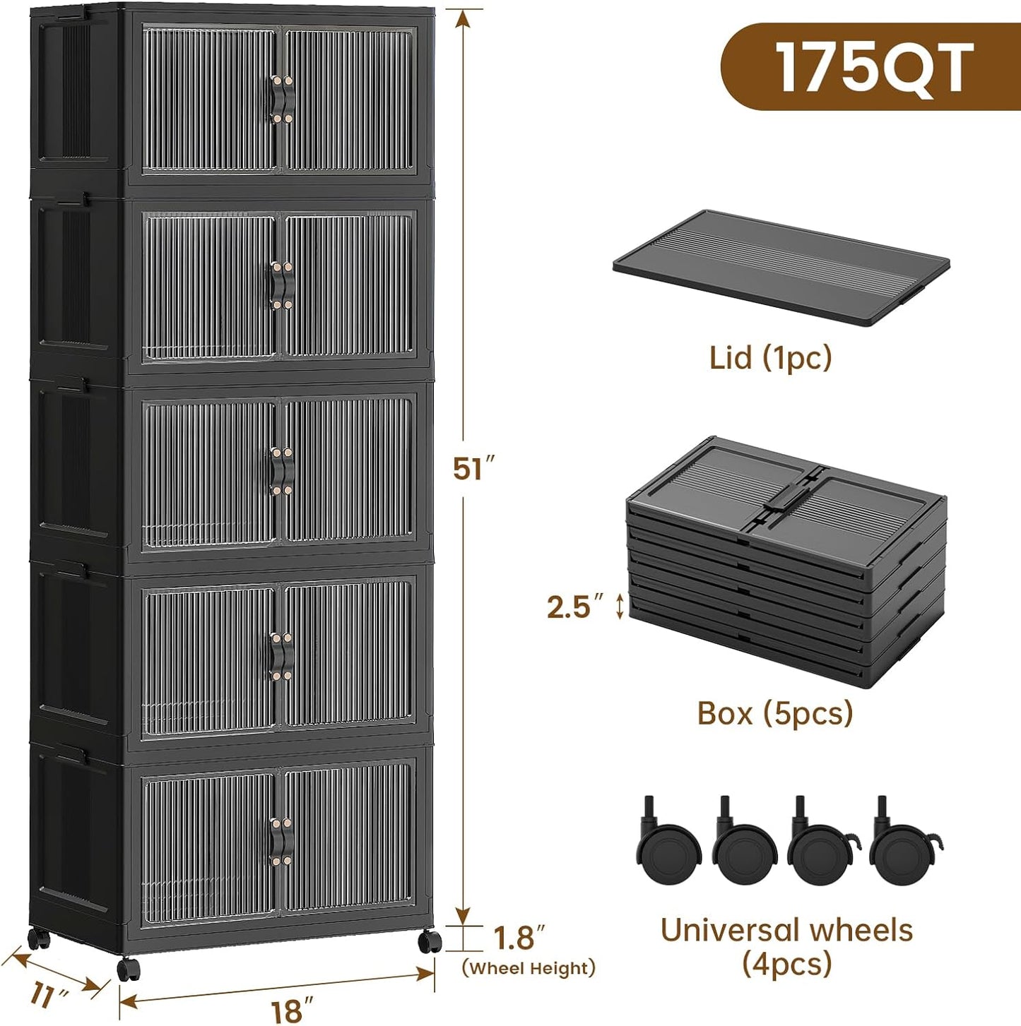 SAILUN 145Gal/580Qt Collapsible & Stackable Storage Bins with Door & a Lid,Perfect for Blanket Storage, Pillow Organizer, Bedroom Closet & Living Room, Black 26" W x 17" D x 71" H