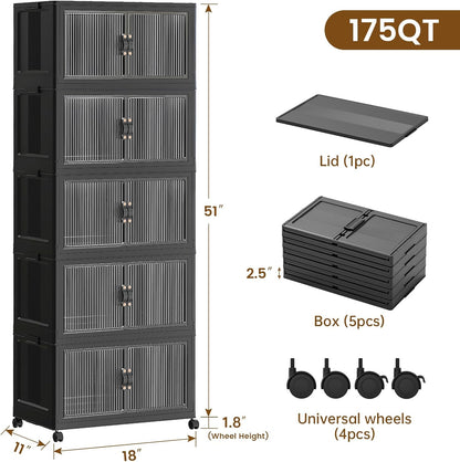 SAILUN 145Gal/580Qt Collapsible & Stackable Storage Bins with Door & a Lid,Perfect for Blanket Storage, Pillow Organizer, Bedroom Closet & Living Room, Black 26" W x 17" D x 71" H