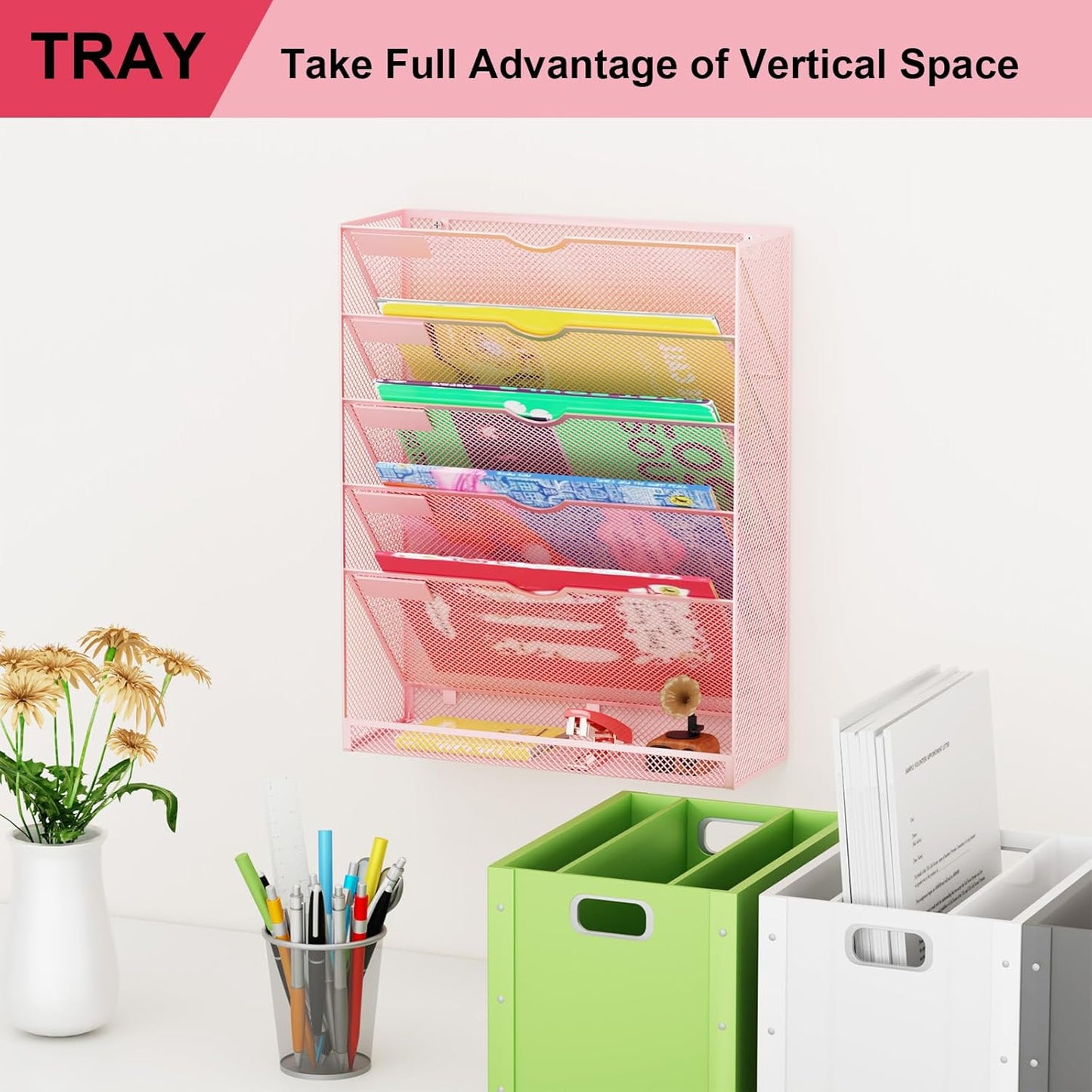 Wall File Organizer Holder Mesh Hanging Paper Document Holder,Vertical 6 Pocket Tier for Office Home, Black