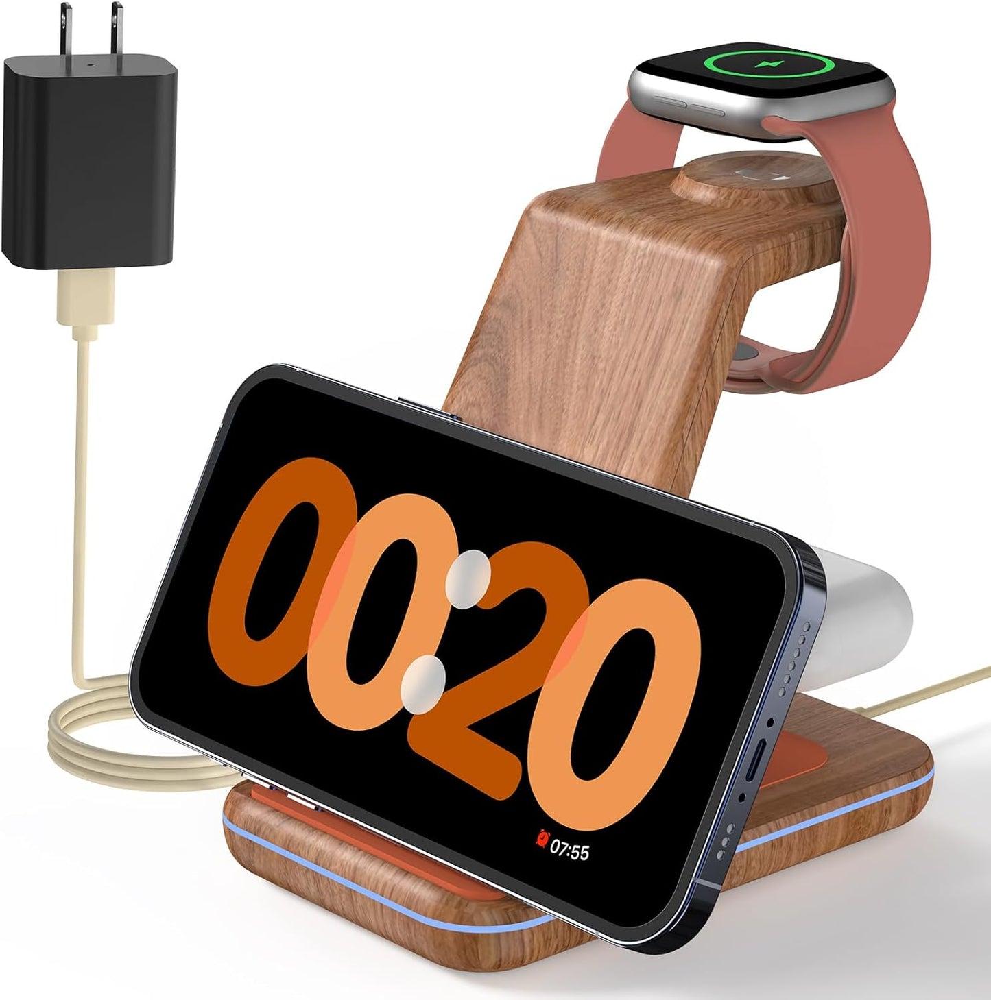 Charging Station for iPhone and Apple Watch: 3 in 1 Wireless Phone Charger Stand for iPhone 17 16 15 14 13 12 11 Pro Max & AirPods, Bedside Nightstand Docking
