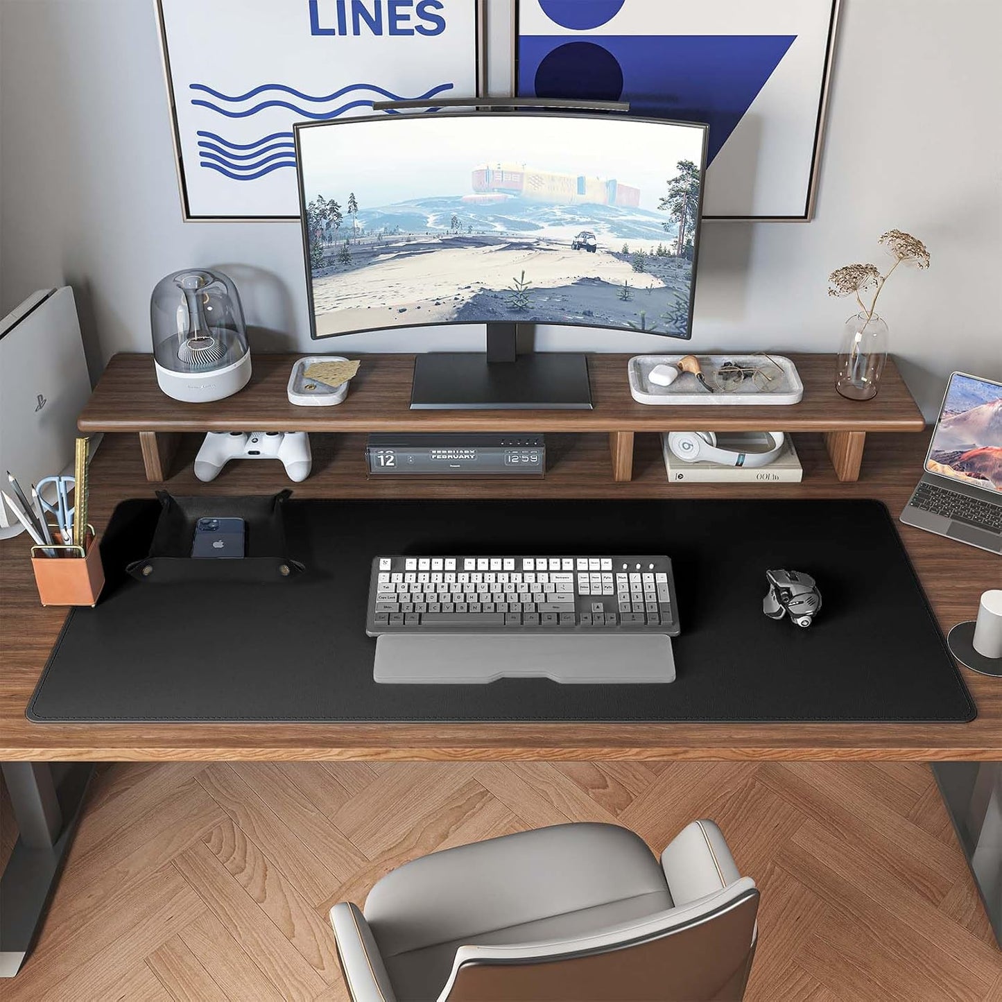 DAWNTREES Dual Sided Desk Mat,Leather Desk Pad,Cork Desk Mat Protector,with PU Leather Valet Tray Organizer,Large Mouse Pad,Desk Writing Pad for Office and Home(Dark Green 31.5"x15.8")