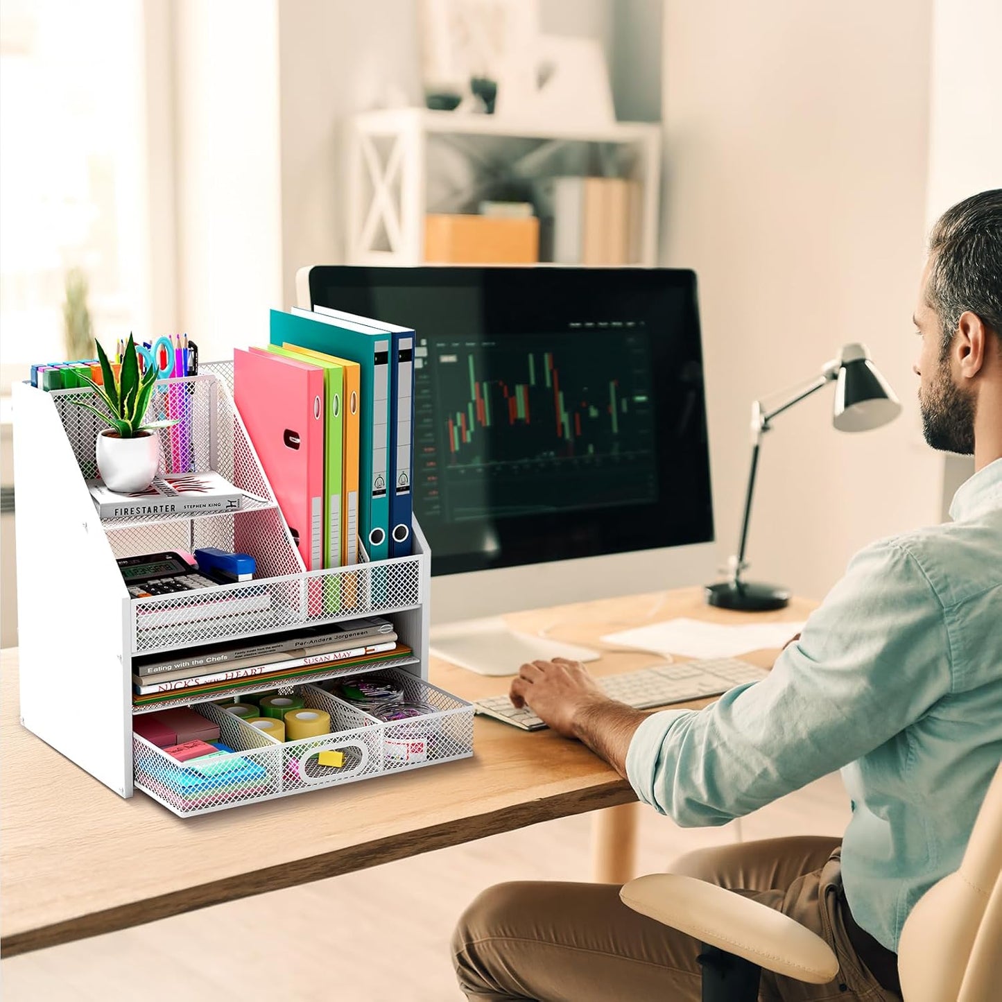 Homsorout Wooden Desk Organizer - Mesh File Organizer with Drawers and Pen Holder - 4-Tier Vertical Paper Letter Storage Tray, Desktop Organizers and Accessories for Home Office