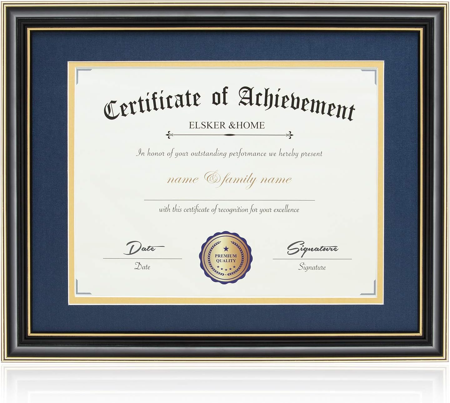 ELSKER&HOME Diploma Frame - Wide Solid Wood Frame - Black Velvet Golden Rim Mat - Semi-Tempered Glass - Includes Hanging Hardware and Desktop Easel(ONLY Display 11×14 Document/Certificate)