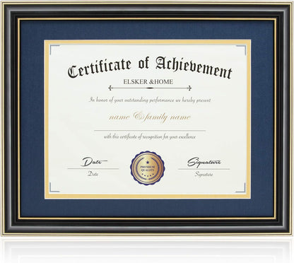 ELSKER&HOME Diploma Frame - Wide Solid Wood Frame - Black Velvet Golden Rim Mat - Semi-Tempered Glass - Includes Hanging Hardware and Desktop Easel(ONLY Display 11×14 Document/Certificate)