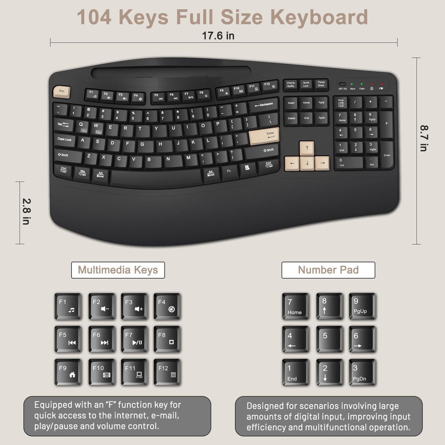 Wireless Keyboard and Mouse Combo, 2.4G Full Size Wave Keys Ergonomic Keyboard with Wrist Rest, Phone Holder, 3-Level DPI Wireless Silent Mouse with 6-Buttons, for Windows, Mac OS, Laptop, PC (Black)