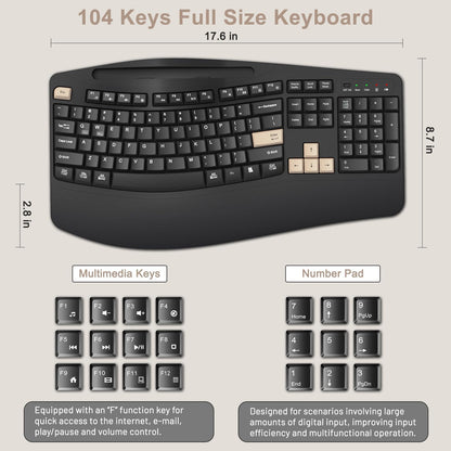 Wireless Keyboard and Mouse Combo, 2.4G Full Size Wave Keys Ergonomic Keyboard with Wrist Rest, Phone Holder, 3-Level DPI Wireless Silent Mouse with 6-Buttons, for Windows, Mac OS, Laptop, PC (Black)