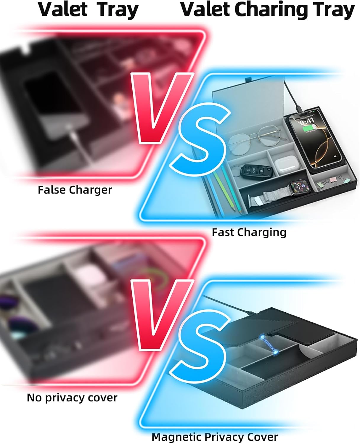Valet Tray, Built in Wireless Charging Pad, Nightstand Organizer, Dresser Organizer, Mens Jewelry Box, Valet Charging Station, Faux Leather Valet Tray for Men and Women (Black+Wireless)