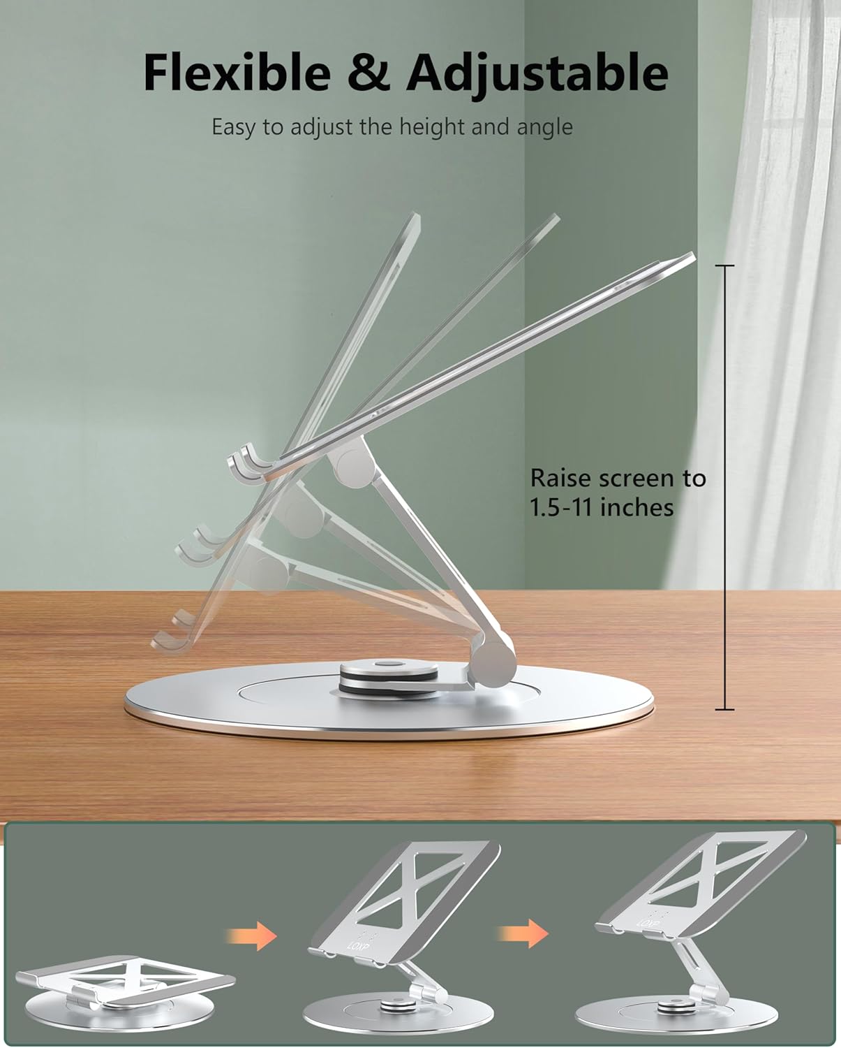 LOXP Adjustable Laptop Stand for Desk, Metal Foldable Laptop Riser, Ventilated Cooling Lectern, Ergonominc Computer Notebook Stand for Desk Compatible with 10-15.6“ Laptops