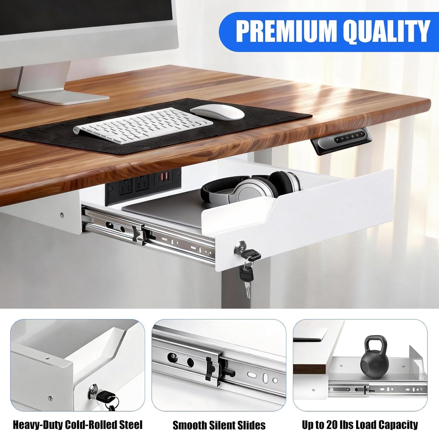 Under Desk Drawer Storage with Lock, Metal Undermount Table Drawer, Ball Bearing Slides Out Tray Organizer for Paper, Pencil, and Laptop 16"x11.8"x3.6", White