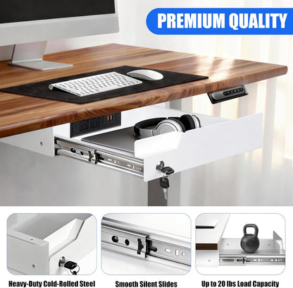 Under Desk Drawer Storage with Lock, Metal Undermount Table Drawer, Ball Bearing Slides Out Tray Organizer for Paper, Pencil, and Laptop 16"x11.8"x3.6", White