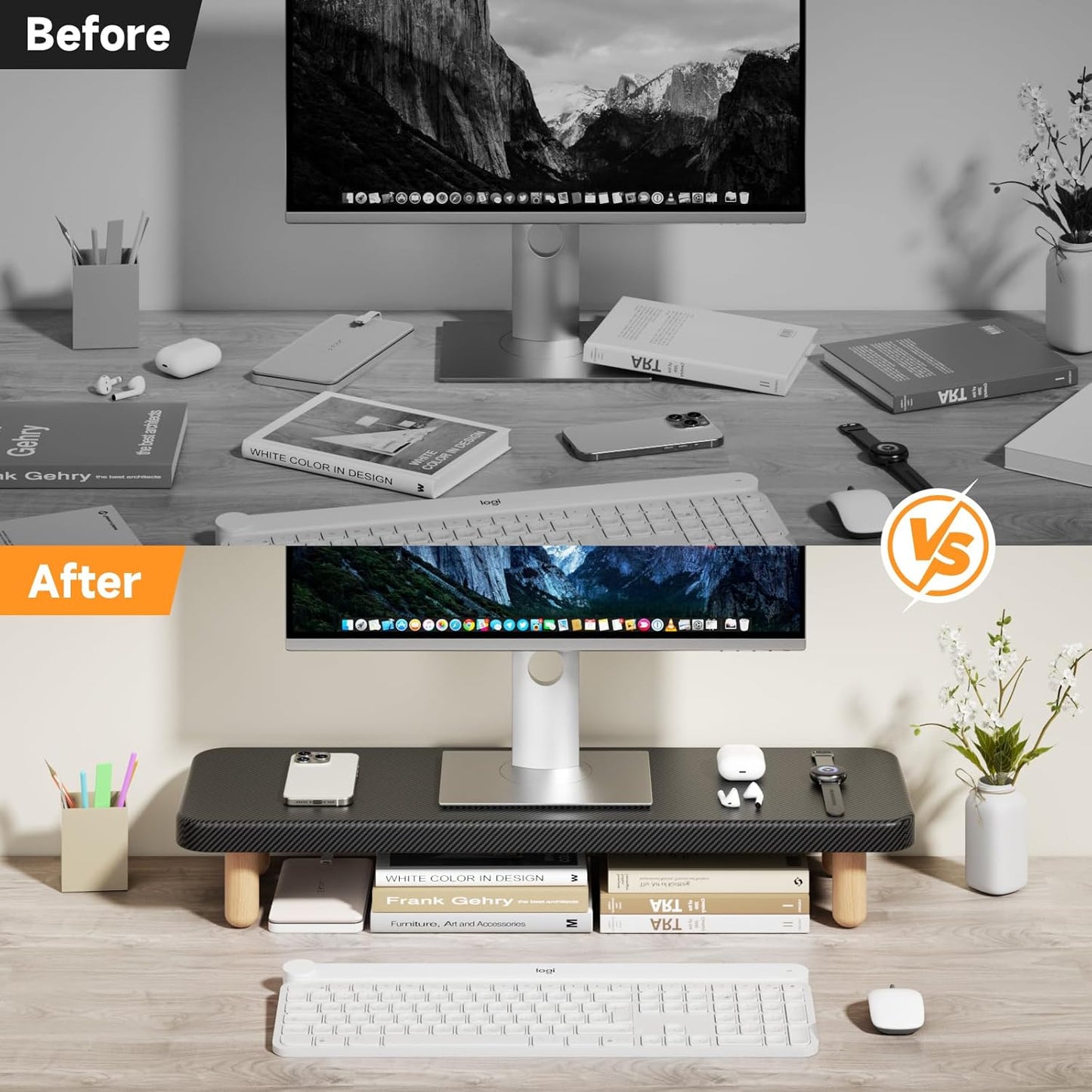 Monitor Stand Riser, 24 Inch Wood Desk Organizer with Monitor Stand & Storage Computer Monitor and Laptop Riser Multifunctional Laptop Stand Desk Organizer for Office Home Screen/Laptop/PC (Light Walnut)