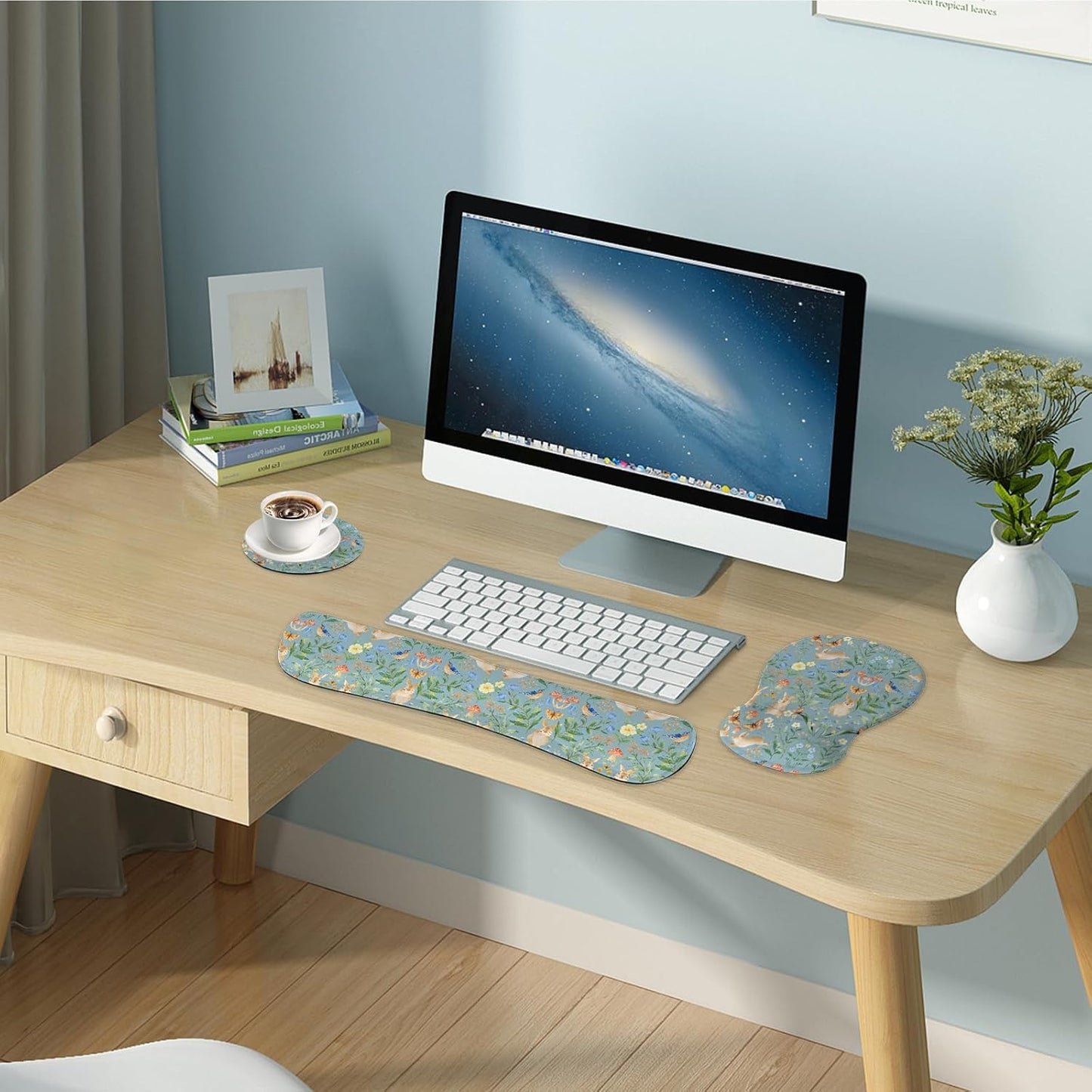 Wrist Rest Support for Mouse Pad Keyboard Set Circle Coaster Gaming Mouse Pad Ergonomic Gel Memory Foam Set for Computer, Laptop, Office, Pain Relief, Comfortably Typing Flowers KM-39