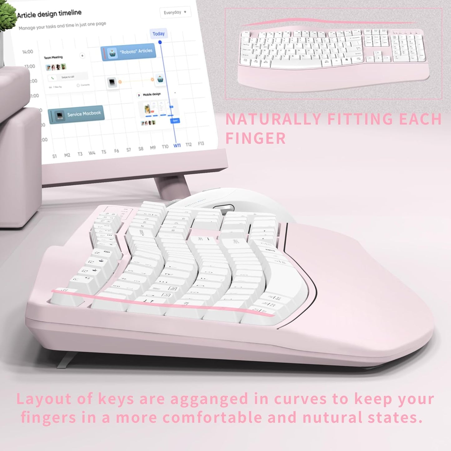 Wireless Keyboard and Mouse Combo,2.4G Full Size Wave Keys Ergonomic Keyboard with Wrist Rest for Natural Typing, 3 DPI Adjustable Ergonomic Silent Mouse for Computer/Laptop/Windows/Mac (Gray)
