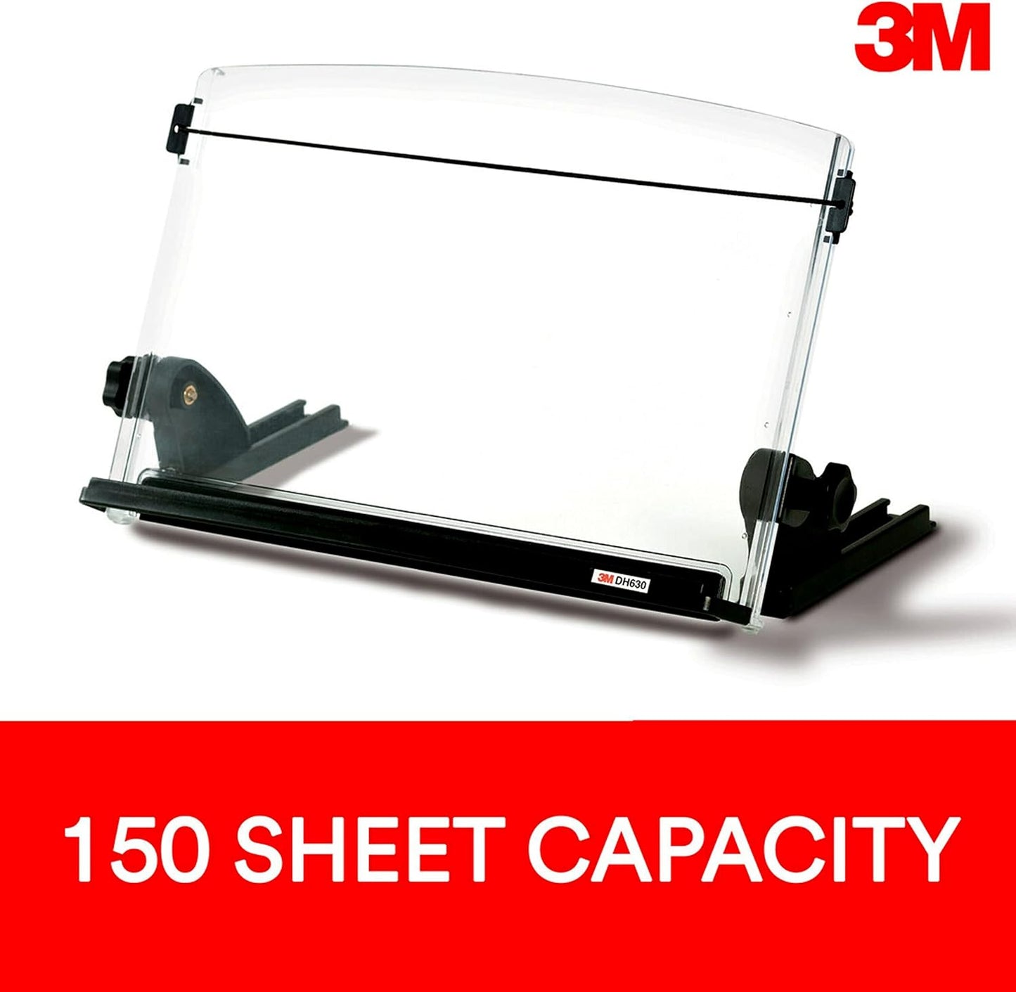 3M Adjustable Document Copy Holder, Inline with Monitor Minimizing Head and Neck Movement, 150 Sheet Capacity, Holds Sheets and Books, Elastic Guide Keeps Pages Open, 14 in Wide, Black/Clear (DH630)