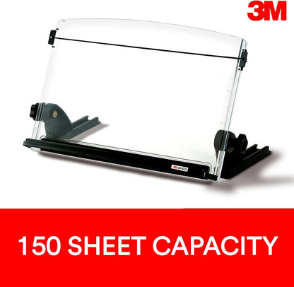 3M Adjustable Document Copy Holder, Inline with Monitor Minimizing Head and Neck Movement, 150 Sheet Capacity, Holds Sheets and Books, Elastic Guide Keeps Pages Open, 14 in Wide, Black/Clear (DH630)