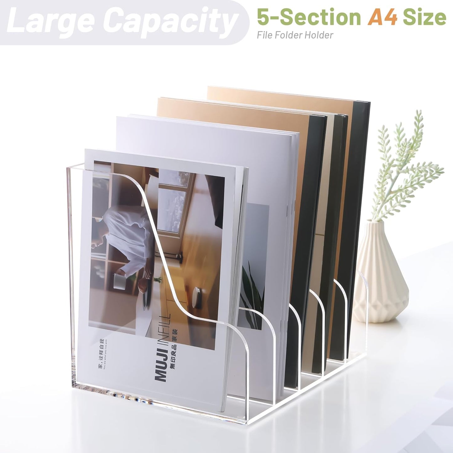 SANRUI Acrylic File Organizer, Clear Magazine File Holder Desk Organizer for Office Organization and Storage with 5 Vertical Compartments, Desktop Bookshelf for Home Office Organization